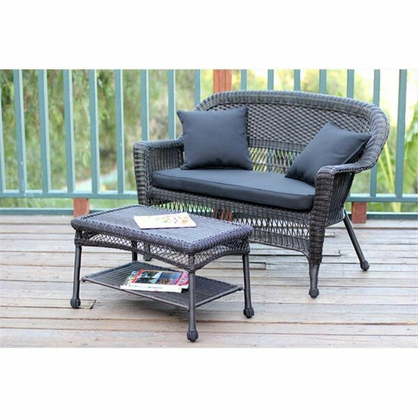 Jeco Espresso Wicker Patio Love Seat And Coffee Table Set With Black Cushion W00201-LCS017